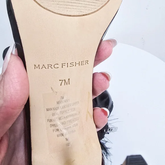 Marc Fisher black patent leather faux fur ankle strap sandals heels size… - Picture 8 of 8